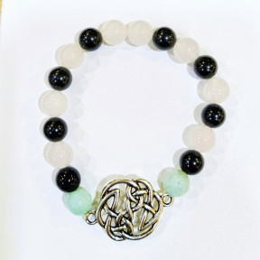 Bracelet Quartz Rose et Onyx Pierres Rondes 8mm Amazonite Facettée 8mm avec Nœud Celtique