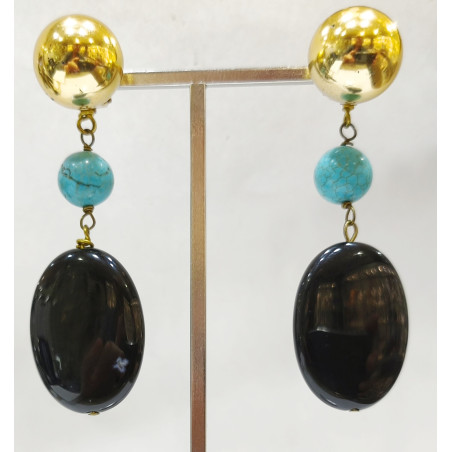Boucles Onyx Ovale 3 cm Turquoise Pierres Rondes 10mm à Clips