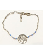 Bracelet Agate Bleue Facetté Arbre de Vie 1.5 cm Argent 925 15 + 5 cm