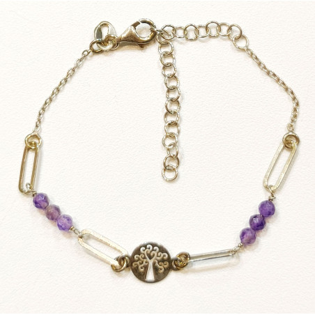 Bracelet Améthyste Facetté Mini Arbre de Vie 5mm Argent 925 15 + 5 cm
