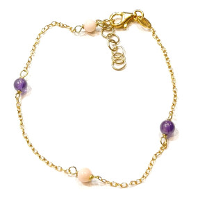 Bracelet Améthyste et Corail Peau d'Ange Pierres Rondes 4mm Argent Plaqué Or (Vermeil) 17 + 3 cm
