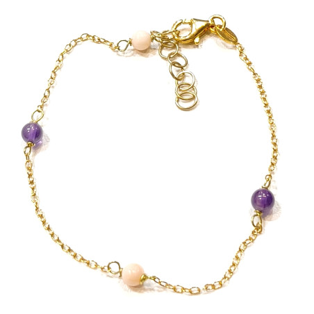 Bracelet Améthyste et Corail Peau d'Ange Pierres Rondes 4mm Argent Plaqué Or (Vermeil) 17 + 3 cm