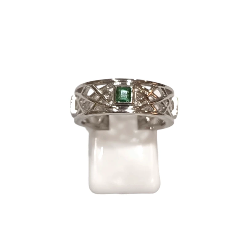 Bague Émeraude Carrée Facettée Argent 925 Ciselé Taille 58