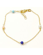 Bracelet Perle de Culture Corail Peau d'Ange Turquoise Lapis-Lazuli Pierres Rondes 4mm Argent Plaqué Or (Vermeil) 17 + 3 cm