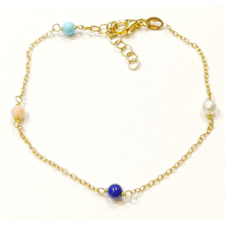 Bracelet Perle de Culture Corail Peau d'Ange Turquoise Lapis-Lazuli Pierres Rondes 4mm Argent Plaqué Or (Vermeil) 17 + 3 cm