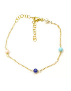Bracelet Perle de Culture Turquoise Lapis-Lazuli Corail Peau d'Ange Pierres Rondes 4mm Argent Plaqué Or (Vermeil) 17 + 3 cm