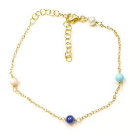 Bracelet Perle de Culture Turquoise Lapis-Lazuli Corail Peau d'Ange Pierres Rondes 4mm Argent Plaqué Or (Vermeil) 17 + 3 cm