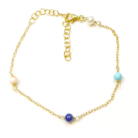 Bracelet Perle de Culture Turquoise Lapis-Lazuli Corail Peau d'Ange Pierres Rondes 4mm Argent Plaqué Or (Vermeil) 17 + 3 cm