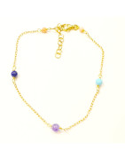Bracelet Améthyste Corail Peau d'Ange Turquoise Lapis-Lazuli Pierres Rondes 4mm Argent Plaqué Or (Vermeil) 17 + 3 cm