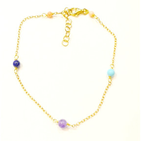 Bracelet Améthyste Corail Peau d'Ange Turquoise Lapis-Lazuli Pierres Rondes 4mm Argent Plaqué Or (Vermeil) 17 + 3 cm