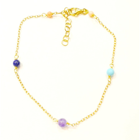Bracelet Améthyste Corail Peau d'Ange Turquoise Lapis-Lazuli Pierres Rondes 4mm Argent Plaqué Or (Vermeil) 17 + 3 cm