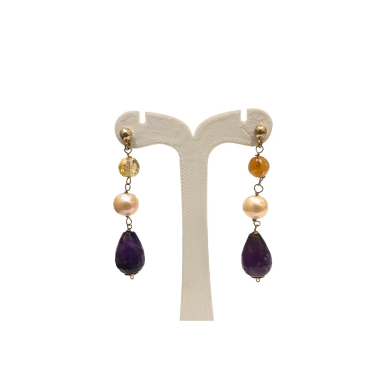 Boucles Améthyste Perle et Citrine Argent 925 Plaqué Or