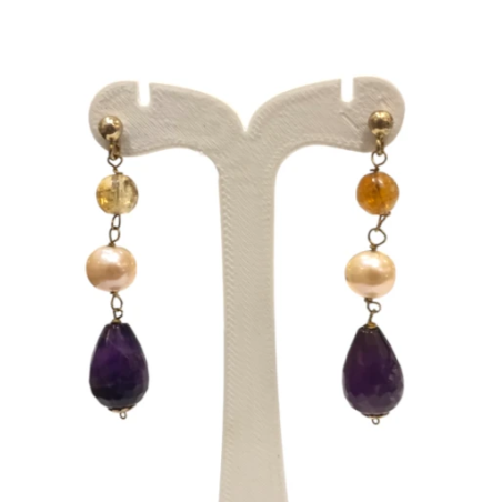 Boucles Améthyste Perle et Citrine Argent 925 Plaqué Or
