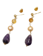 Boucles Améthyste Perle et Citrine Argent 925 Plaqué Or