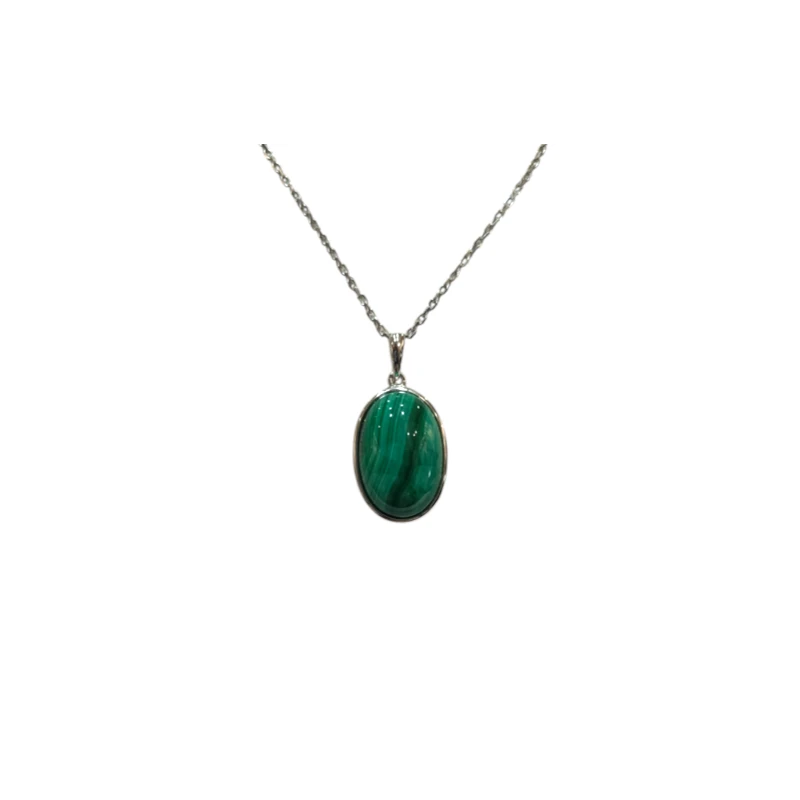 Pendentif Malachite Ovale avec Chaîne Argent 925