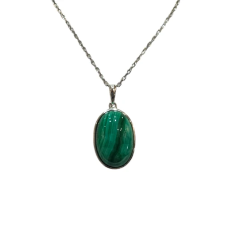 Pendentif Malachite Ovale avec Chaîne Argent 925