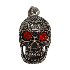 Pendentif Swarovski Rouge Tête de Mort Acier Inox Ciselé