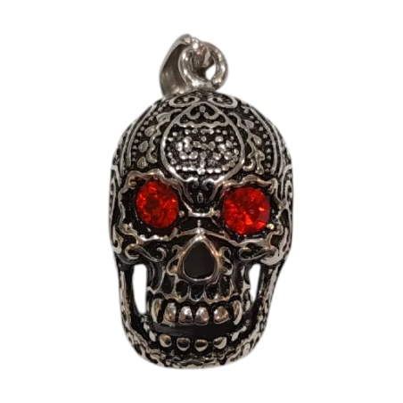 Pendentif Swarovski Rouge Tête de Mort Acier Inox Ciselé