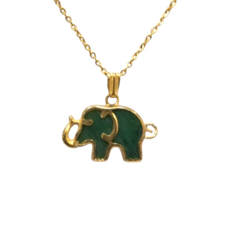 Pendentif Jade Néphrite Éléphant avec Chaîne 40cm Plaqué Or