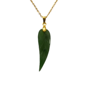 Pendentif Jade Néphrite Feuille Ciselé avec Chaîne 40cm Plaqué Or