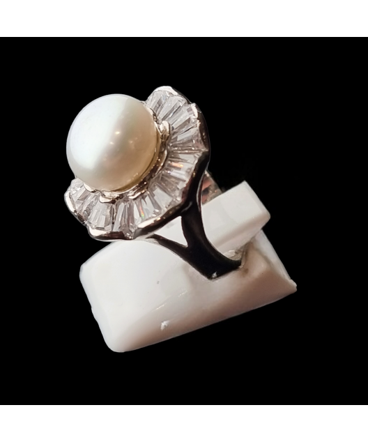 Bague Perle d'au douce & Zirconium Fleur Métal rhodié (s)