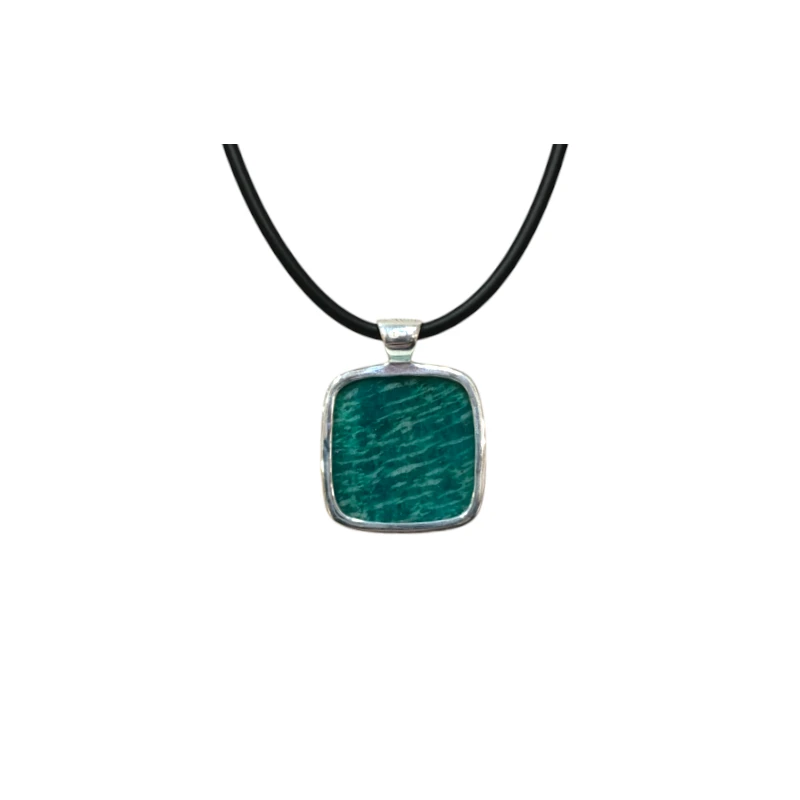 Pendentif Amazonite Zébré Carrée avec Cordon Caoutchouc Argent 925