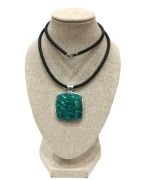 Pendentif Amazonite Zébré Carrée avec Cordon Caoutchouc Argent 925