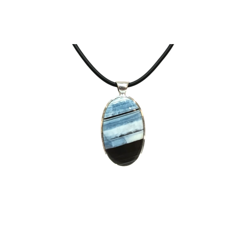 Pendentif Opale Bleue du Mexique Ovale avec Cordon Caoutchouc Argent 925