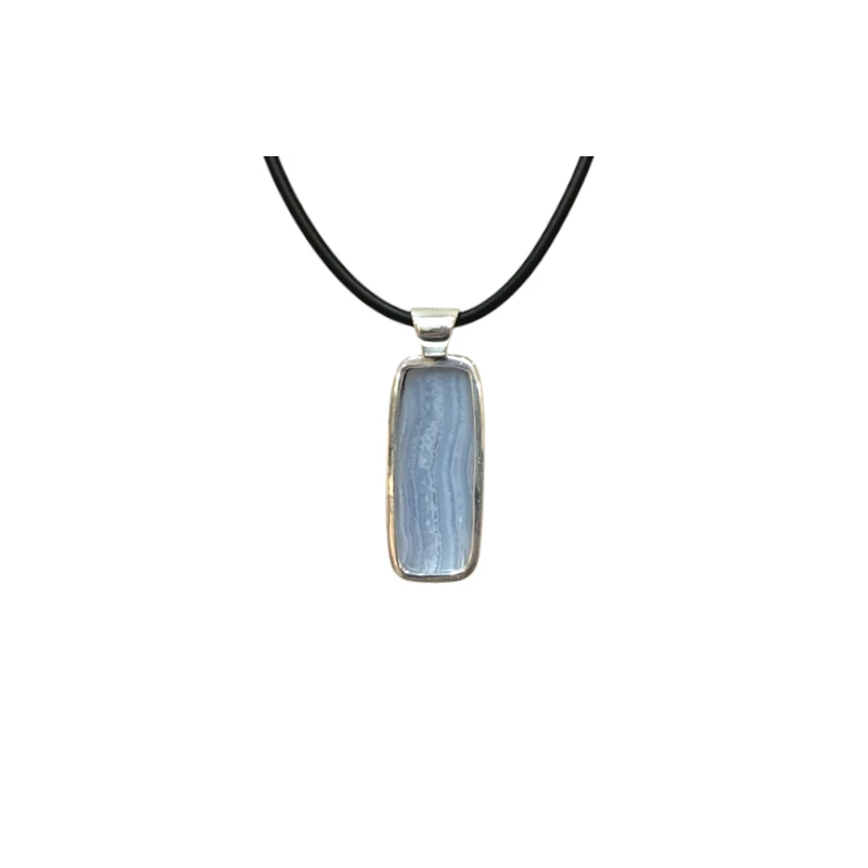 Pendentif Calcédoine Rectangulaire avec Cordon Caoutchouc Argent 925