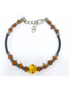Bracelet Ambre Baltique Pierre de 10mm et Inserts Ambre et Acier Câble Acier Caoutchouc 17 + 5 cm