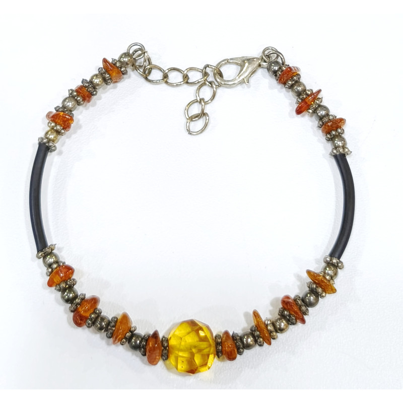 Bracelet Ambre Baltique Pierre de 10mm et Inserts Ambre et Acier Câble Acier Caoutchouc 17 + 5 cm