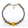 Bracelet Ambre Baltique Pierre de 10mm et Inserts Ambre et Acier Câble Acier Caoutchouc 17 + 5 cm