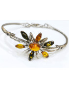 Bracelet Ambre Baltique et Ambre Vert Fleur Argent 925 Diamètre 7 cm