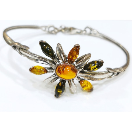 Bracelet Ambre Baltique et Ambre Vert Fleur Argent 925 Diamètre 7 cm