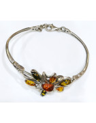 Bracelet Ambre Baltique et Ambre Vert Fleur Argent 925 Diamètre 7 cm