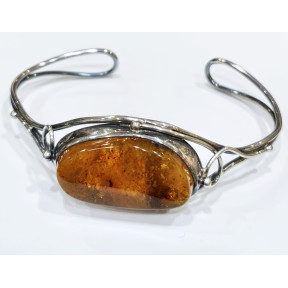 Bracelet Ambre Baltique Pierre 3 cm Cognac Argent 925 Taille Ajustable