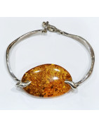 Bracelet Ambre Baltique Pierre 3.5 cm Cognac Argent 925 avec Fermoir