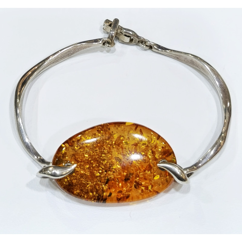 Bracelet Ambre Baltique Pierre 3.5 cm Cognac Argent 925 avec Fermoir