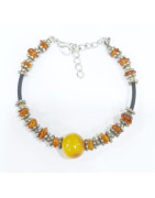 Bracelet Ambre Baltique Pierre de 12mm et Inserts Ambre et Acier Câble Acier Caoutchouc 17 + 5 cm