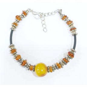 Bracelet Ambre Baltique Pierre de 12mm et Inserts Ambre et Acier Câble Acier Caoutchouc 17 + 5 cm