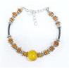 Bracelet Ambre Baltique Pierre de 12mm et Inserts Ambre et Acier Câble Acier Caoutchouc 17 + 5 cm