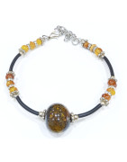 Bracelet Ambre Baltique Pierre de 15mm et Inserts Ambre et Acier Câble Acier Caoutchouc 17 + 5 cm