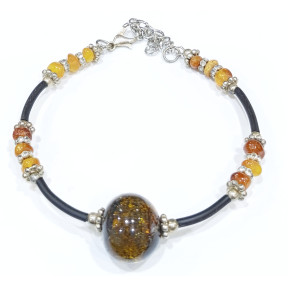 Bracelet Ambre Baltique Pierre de 15mm et Inserts Ambre et Acier Câble Acier Caoutchouc 17 + 5 cm