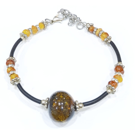 Bracelet Ambre Baltique Pierre de 15mm et Inserts Ambre et Acier Câble Acier Caoutchouc 17 + 5 cm