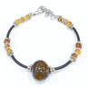 Bracelet Ambre Baltique Pierre de 15mm et Inserts Ambre et Acier Câble Acier Caoutchouc 17 + 5 cm