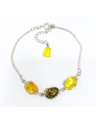 Bracelet Ambre Baltique et Vert 3 Pierres 10mm Serties Argent 925 18 cm + 5 cm