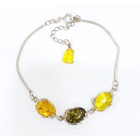 Bracelet Ambre Baltique et Vert 3 Pierres 10mm Serties Argent 925 18 cm + 5 cm