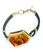 Bracelet Ambre Pierre 2.5 cm Silicone et Argent 925 Plaqué Or (Vermeil)  avec Fermoir 19 cm