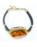 Bracelet Ambre Pierre 2.5 cm Silicone et Argent 925 Plaqué Or (Vermeil)  avec Fermoir 19 cm