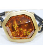 Bracelet Ambre Pierre 2.5 cm Silicone et Argent 925 Plaqué Or (Vermeil)  avec Fermoir 19 cm